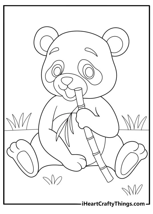 cartoon animal coloring page featuring a panda eating bamboo