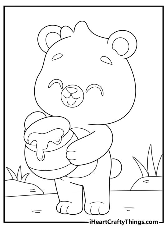 cartoon animal coloring sheet with a bear holding honey