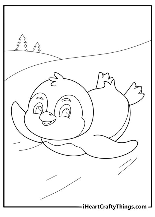 cartoon animal coloring sheet with a penguin sliding on ice