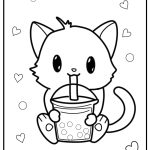 Cat drinking boba coloring page