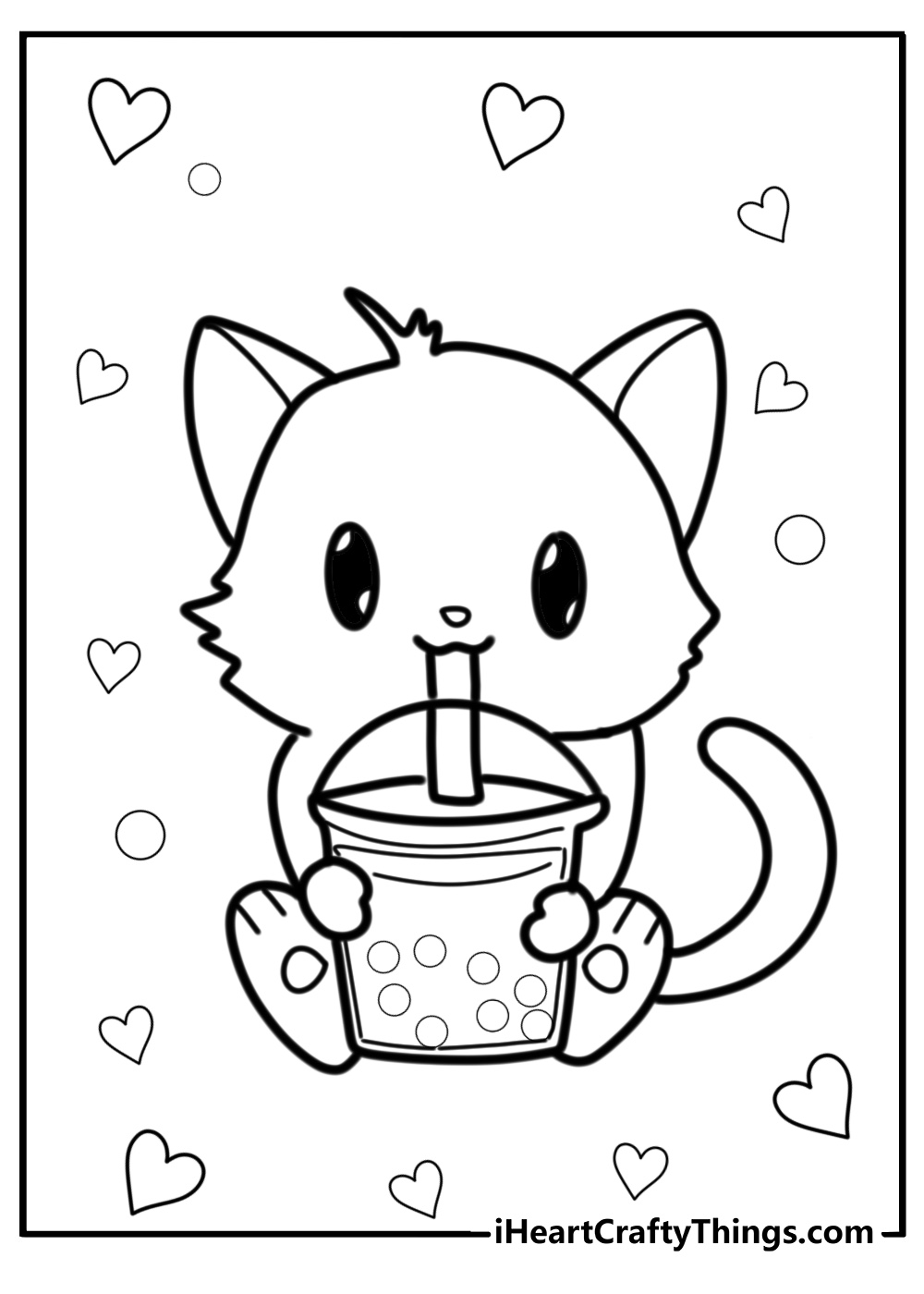 Cat drinking boba coloring page