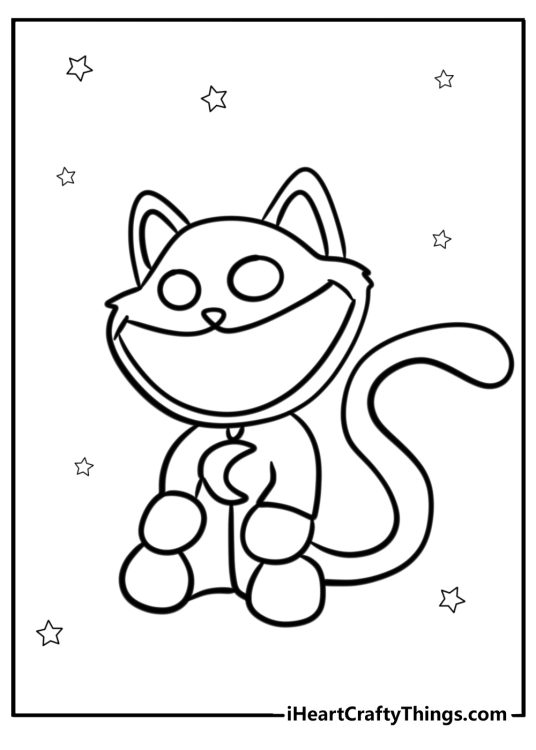 Free coloring image depicting CatNap giving off a creepy grin with stars all around