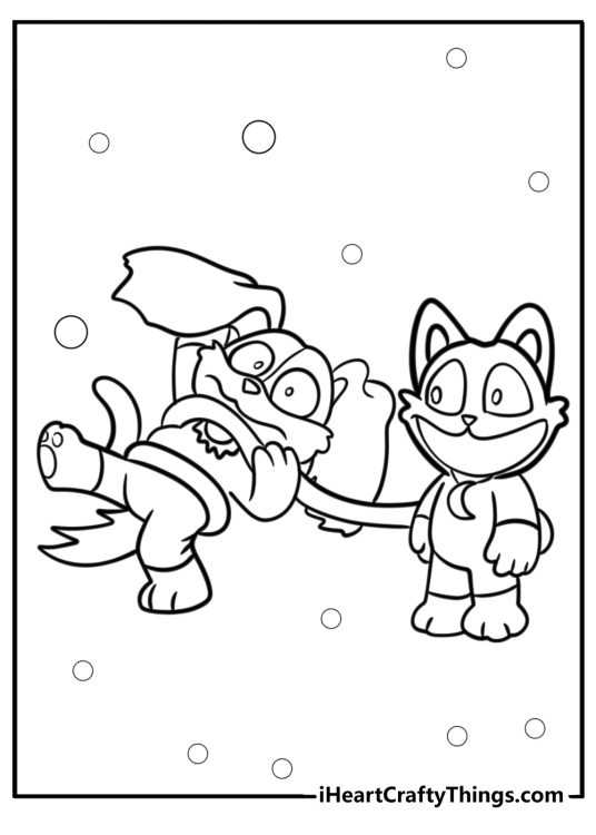 Free printable coloring picture for children featuring DogDay ensnared in CatNaps tail