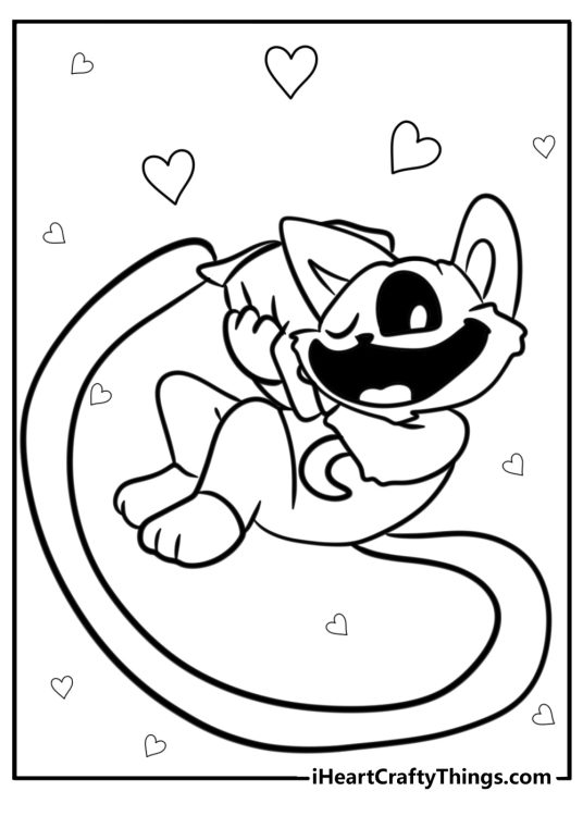Coloring poster featuring CatNap relaxing with a pillow surrounded by heart shapes