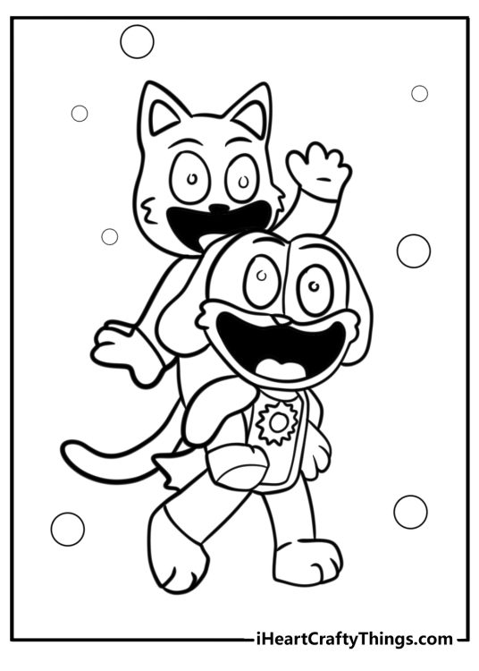 Printable coloring sheet for children depicting DogDay giving CatNap a piggyback ride
