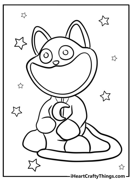 Coloring image of a CatNap with a moon pendant on his chest sitting surrounded by stars