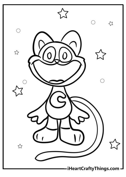 Free coloring printable for children depicting CatNap in a cute toy form with stars and circles all around