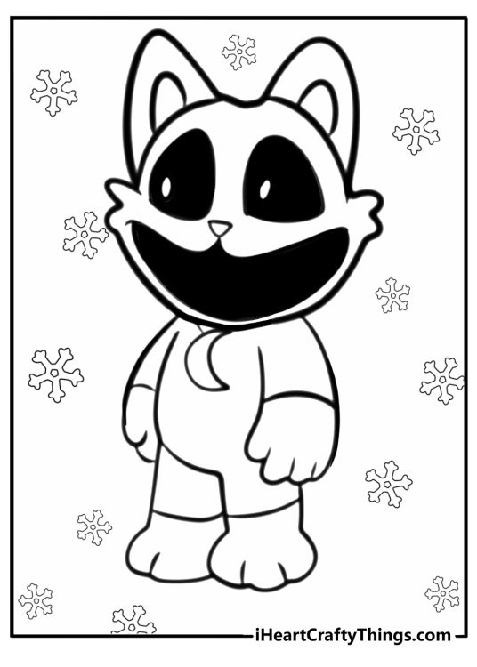 Coloring poster featuring creepy version of CatNap with black eyes and mouth surrounded by snowflakes
