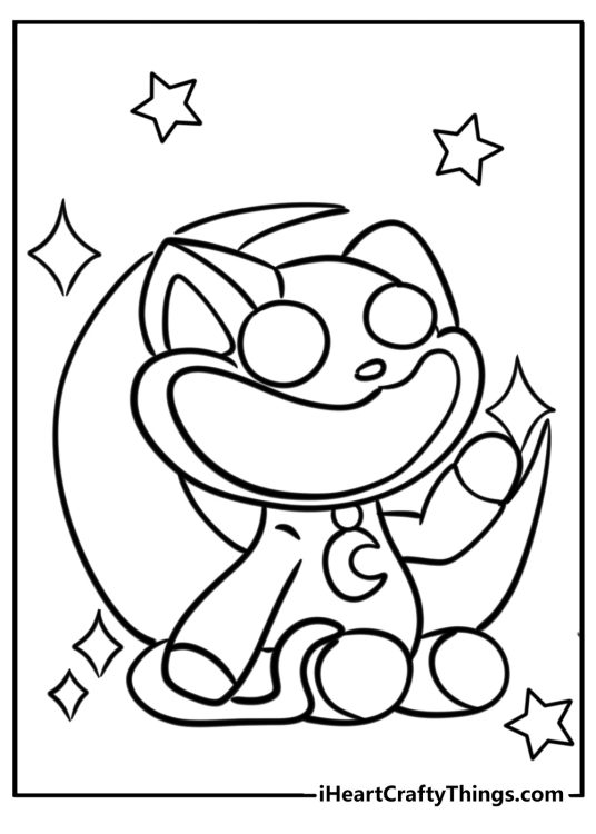 Printable coloring picture presenting CatNap sitting in front of a big crescent moon