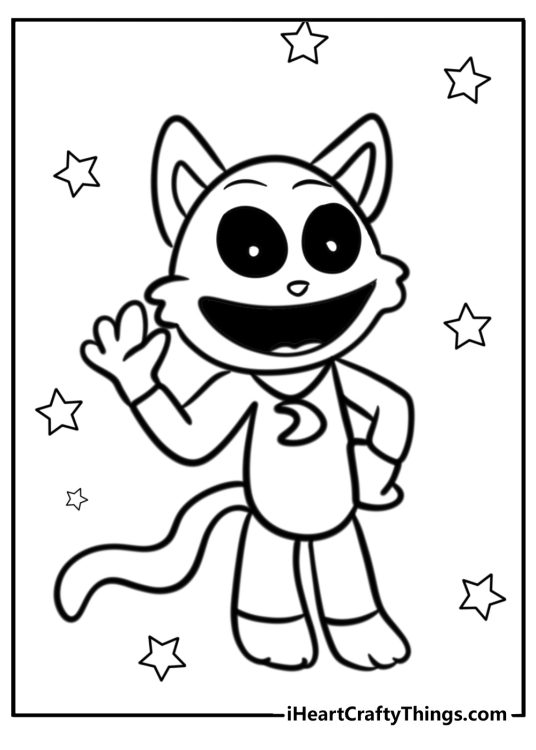 Coloring page featuring CatNap giving a friendly wave and smile surrounded by stars