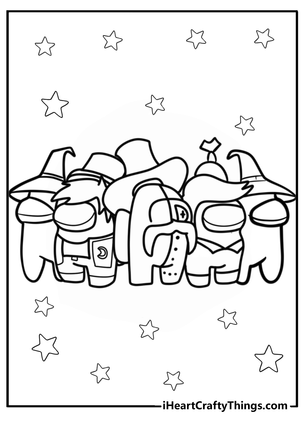 Character among us coloring pages with hats