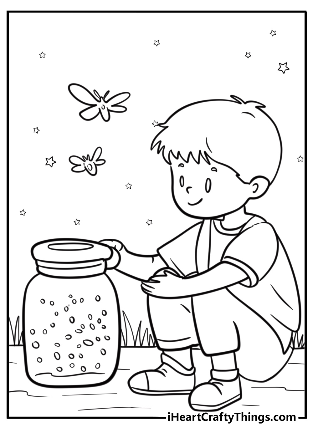 Children catching fireflies in jars at dusk coloring page