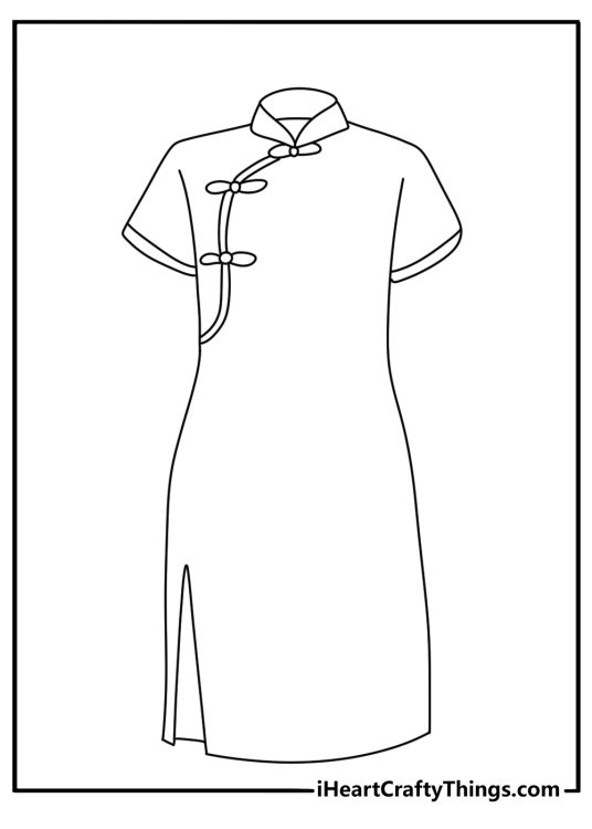 chinese cheongsam dress with a high collar and side slit makes this detailed coloring page