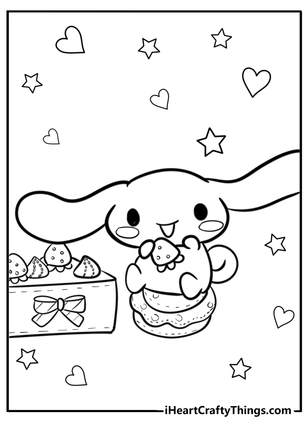 Coloring printable for kids featuring Cinnamoroll tucking into a tasty assortment of treats