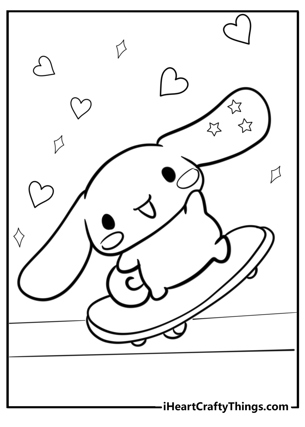 Free printable coloring picture featuring happy Cinnamoroll riding his skateboard