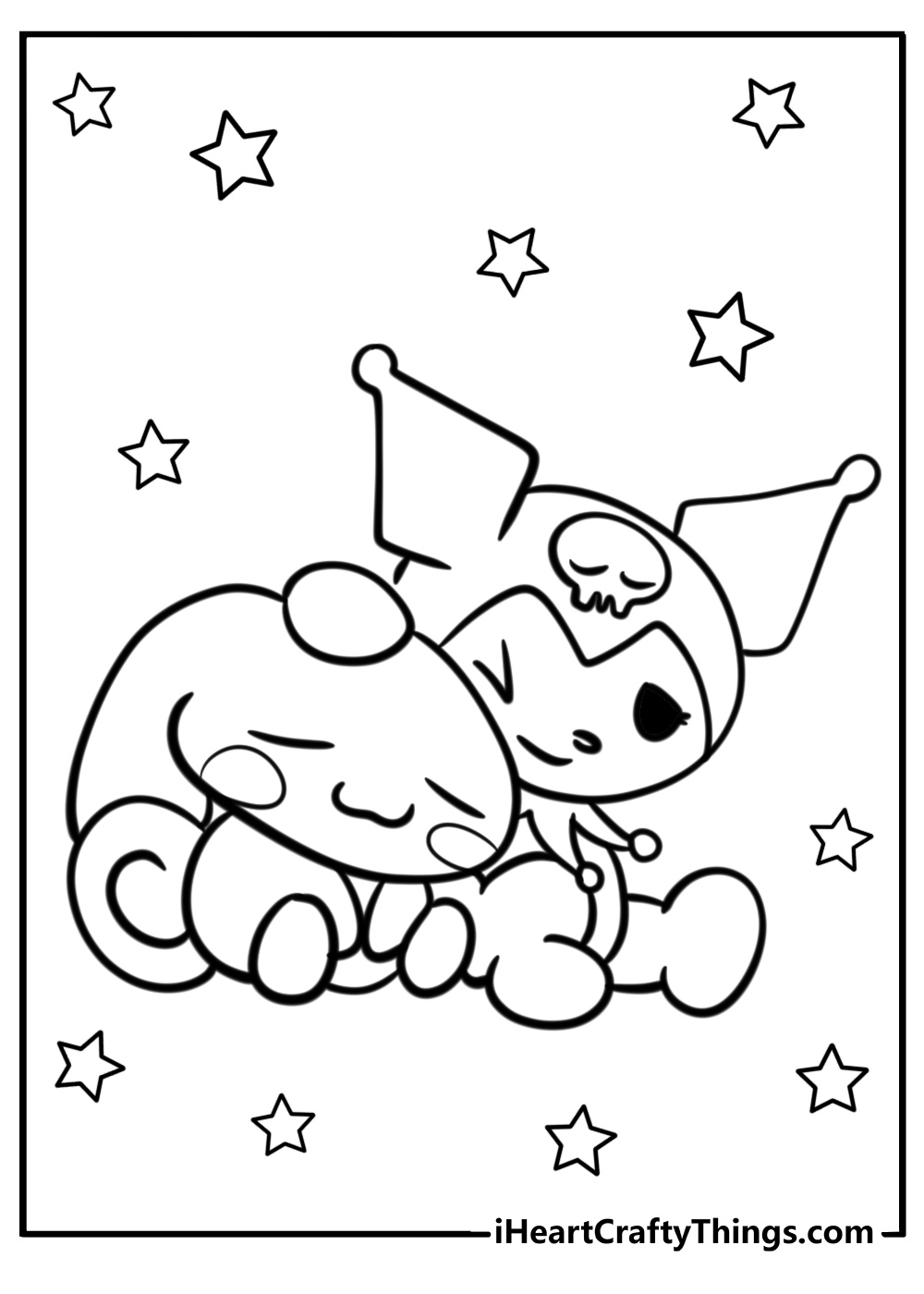 Printable coloring sheet depicting Kuromi and Cinnamoroll sitting side by side with stars in the background