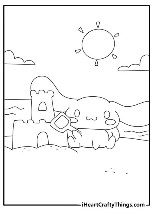 cinnamoroll builds a sandcastle beside the sea in this summer coloring page