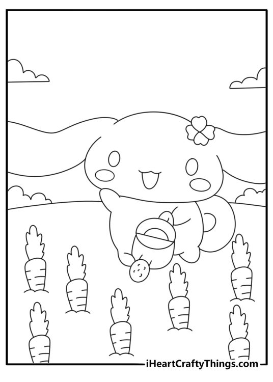 cinnamoroll carries a watering can through a vegetable garden in this printable