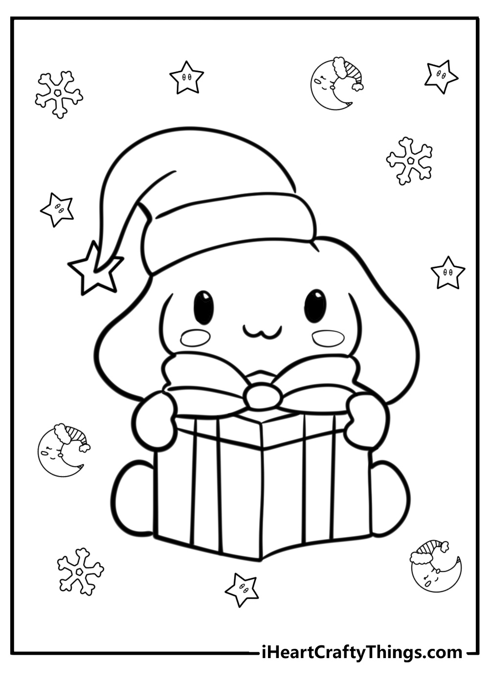 Detailed coloring printable featuring Cinnamoroll with a Santas hat holding a big present