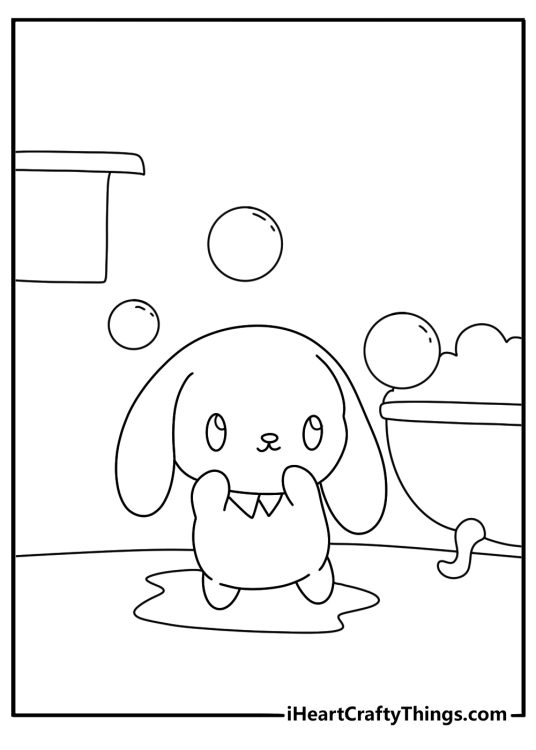 cinnamoroll coloring page for kids showing the puppy playing with soap bubbles