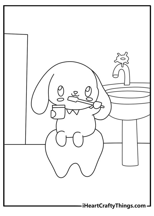 cinnamoroll coloring page showing the puppy brushing his teeth at the sink
