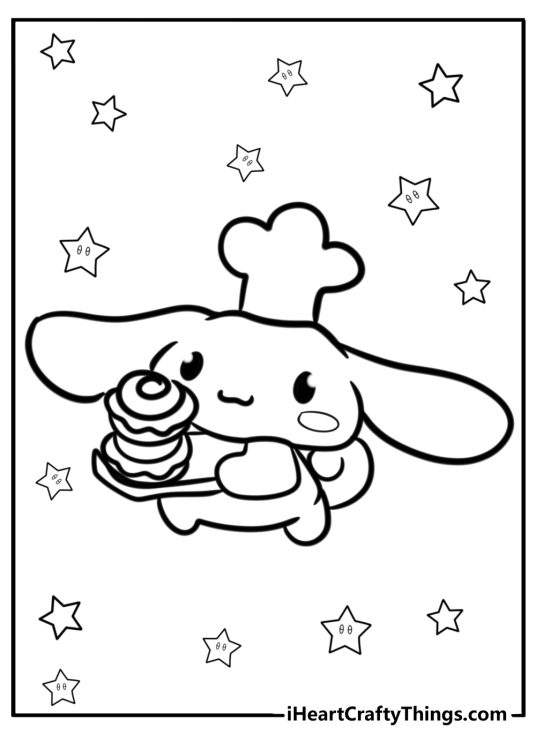 Printable page to color featuring Cinnamoroll with a chefs hat carrying a tray with cinnamon rolls