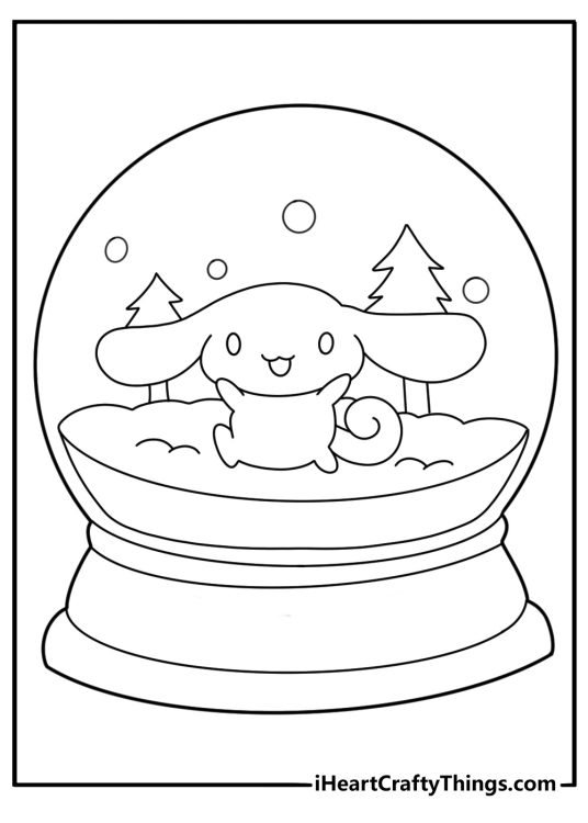 cinnamoroll coloring pages design featuring the puppy inside a snow globe