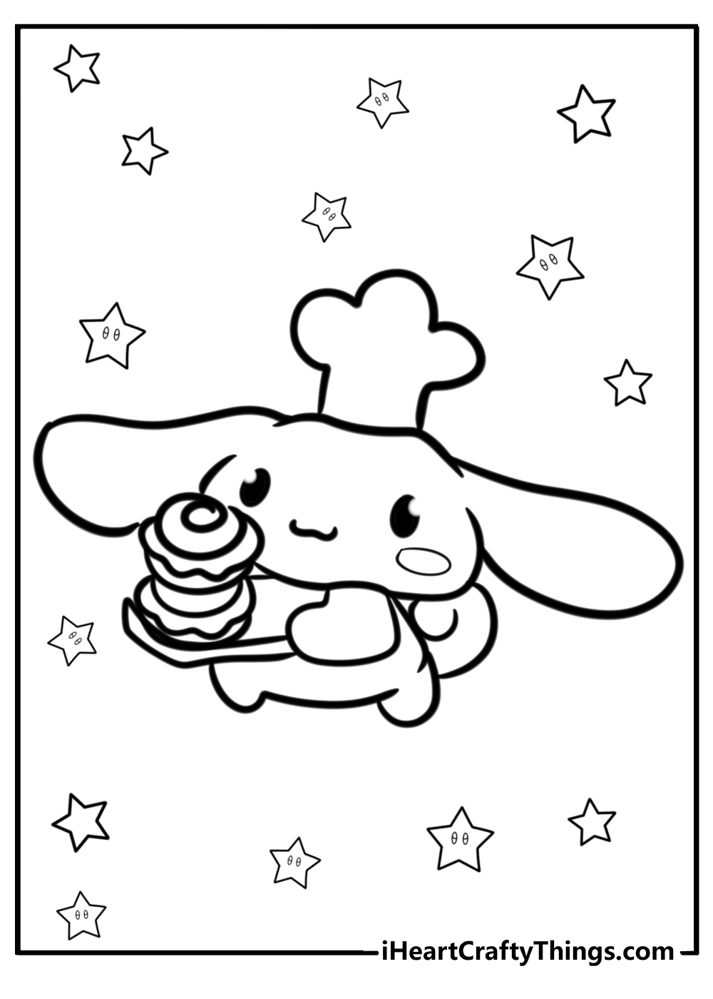 Printable page to color featuring Cinnamoroll with a chefs hat carrying a tray with cinnamon rolls