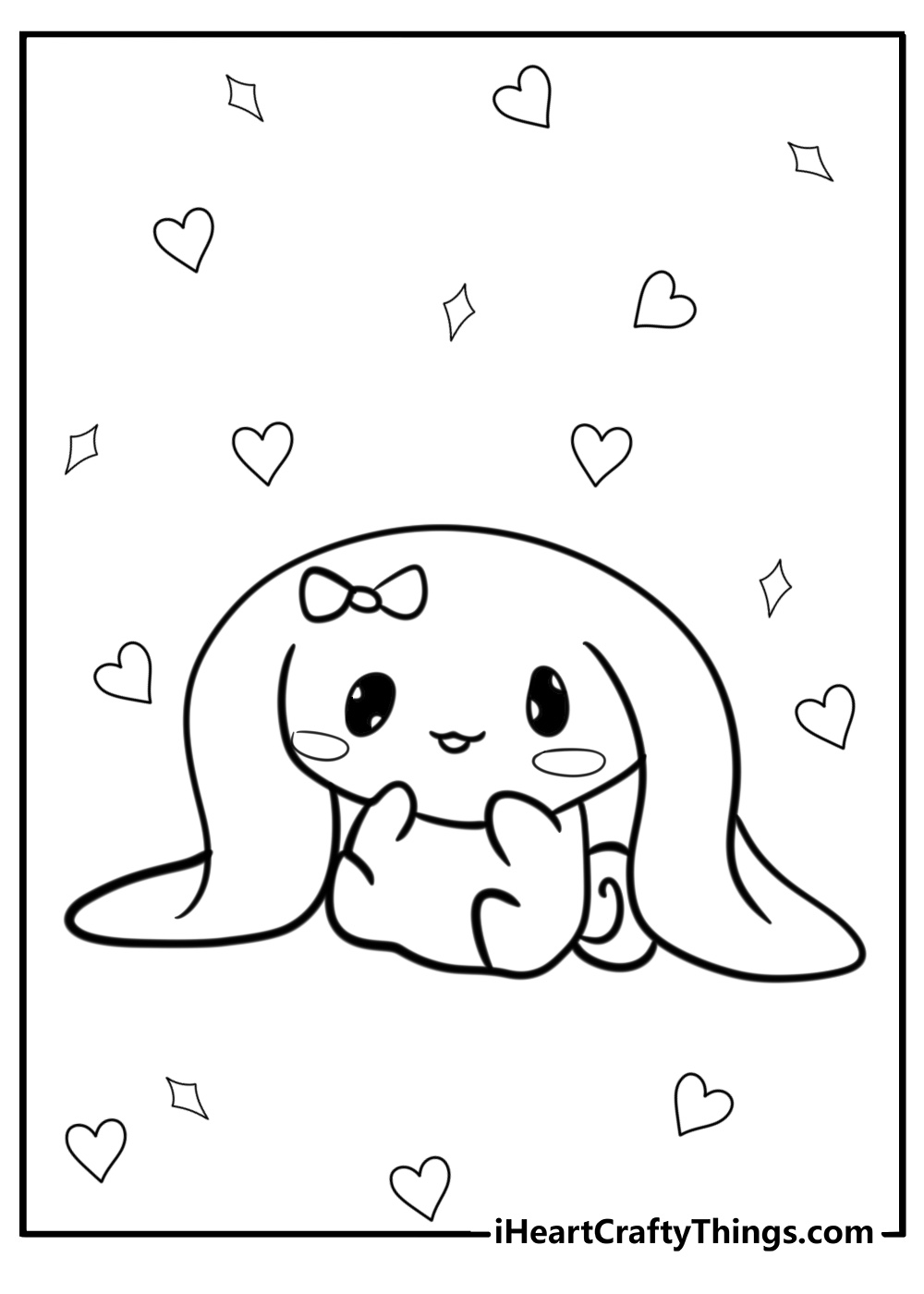 Black-and-white printable picture for kids presenting cute Cinnamoroll with hearts and sparkles all around him