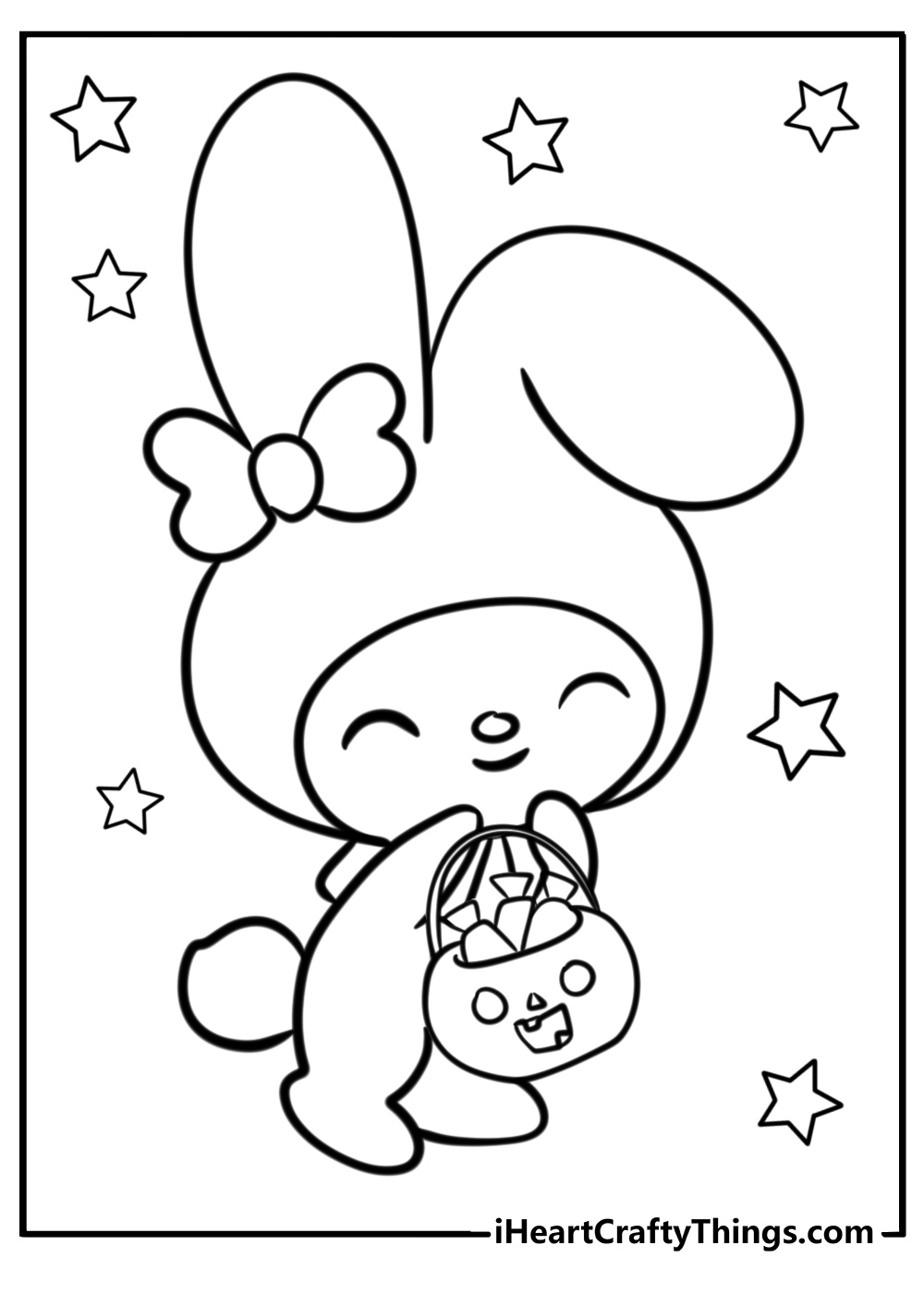 Cinnamoroll-themed page featuring him in a bunny outfit with a stash of candies ready for Halloween celebration