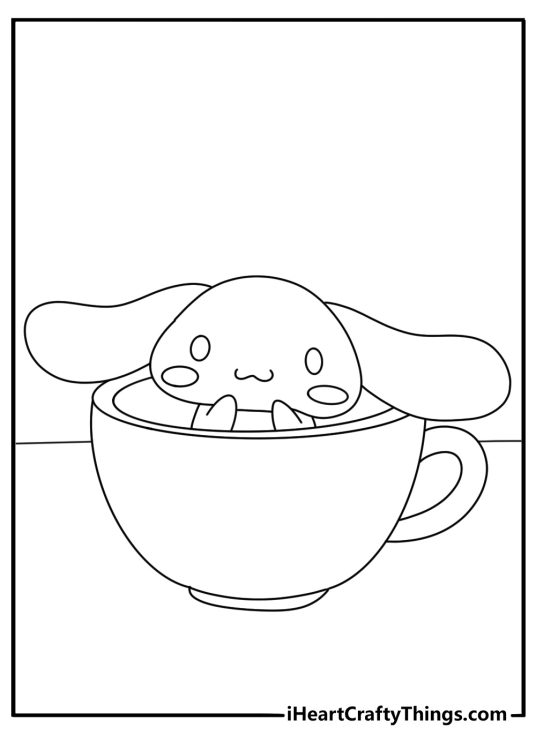 cinnamoroll peeks out of a teacup in this easy sanrio coloring sheet