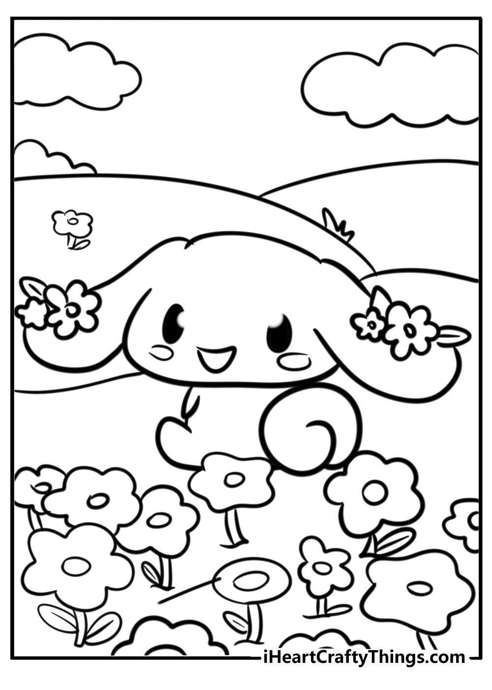 Cinnamoroll-themed printable page featuring Cinnamoroll in a field full of flowers