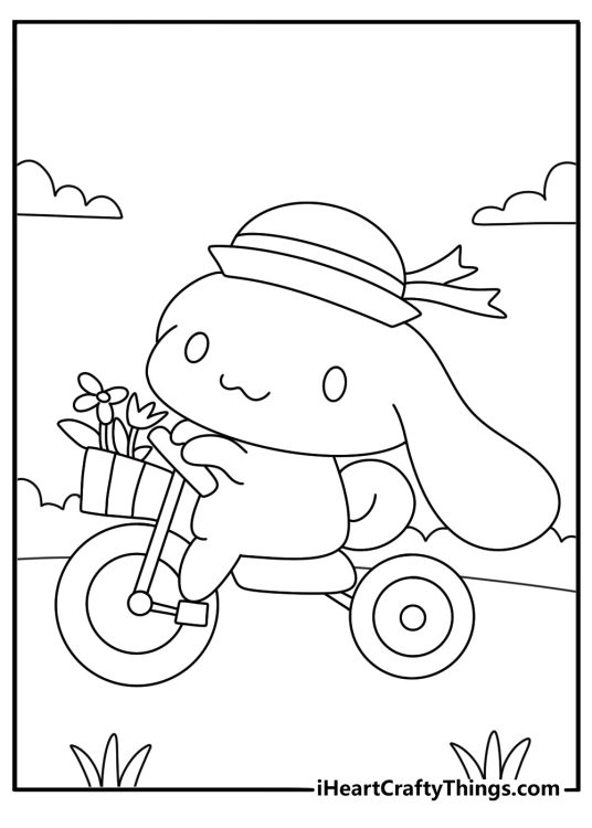 cinnamoroll rides a bicycle with a small basket in this simple coloring sheet