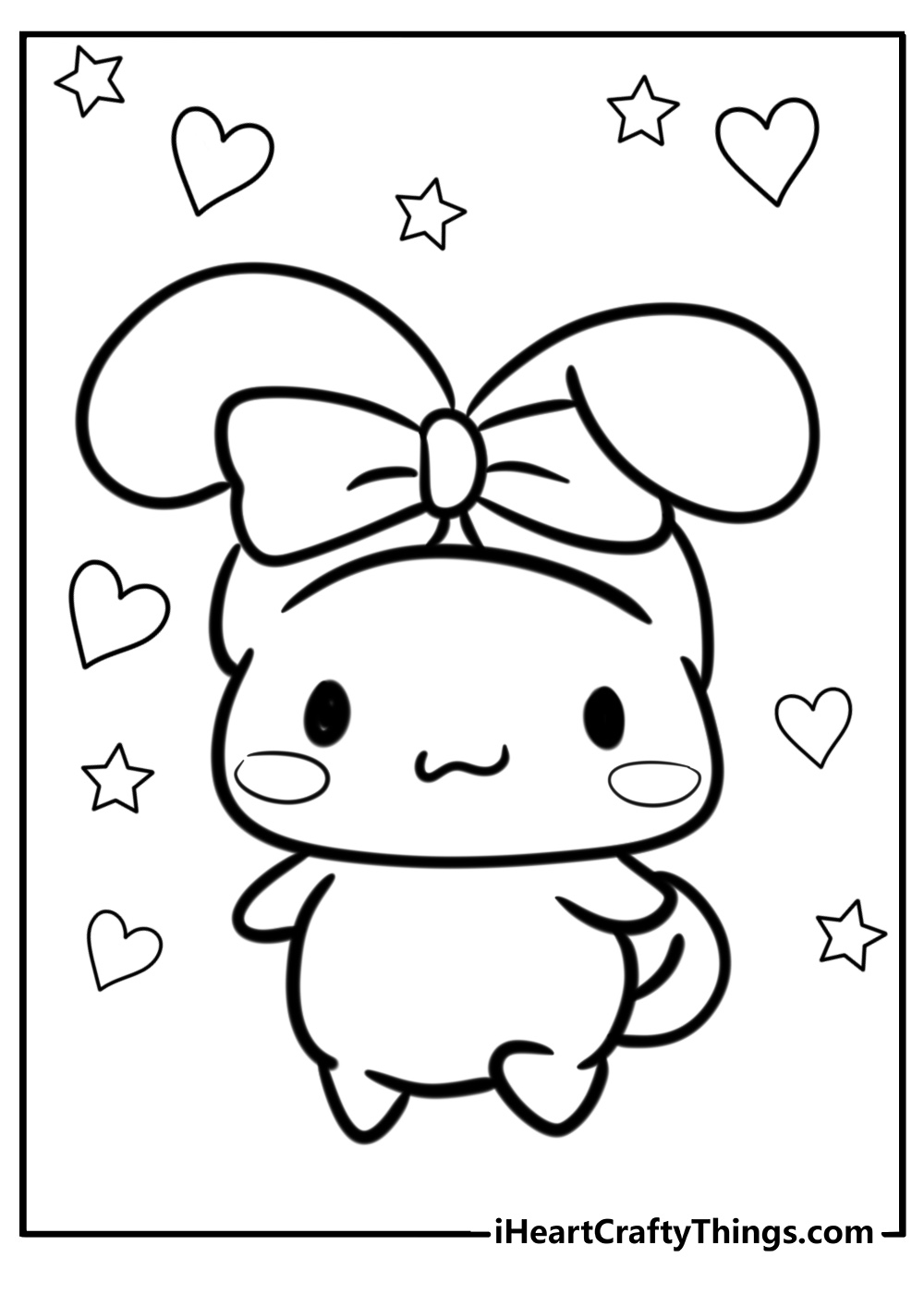 Free coloring sheet featuring Cinnamoroll wearing a cute hair bow surrounded by hearts and stars