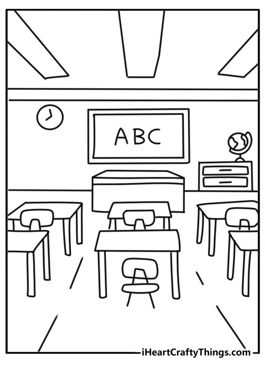 Back to school-themed coloring page depicting a classroom that has a lesson ready to go