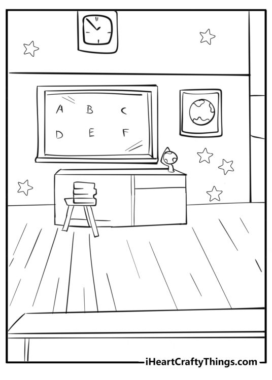 Back to school-themed coloring image for kids featuring a classroom from a desk view