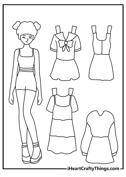 collection of paper doll dresses fills this fun coloring page for girls