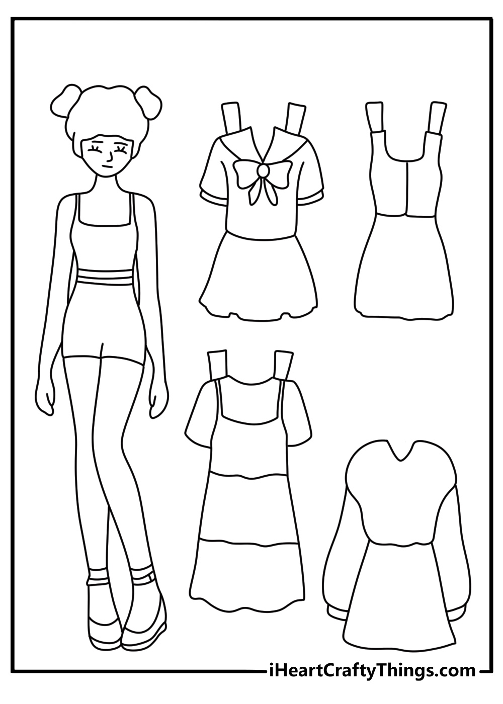 collection of paper doll dresses fills this fun coloring page for girls