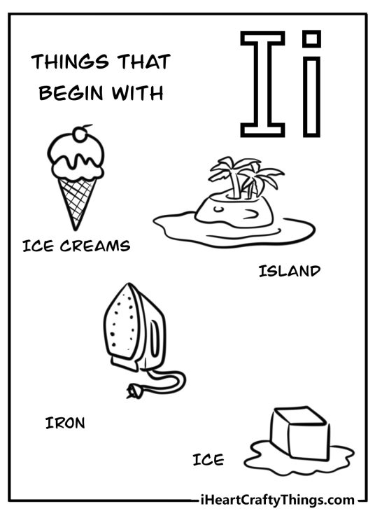 Worksheet for kids featuring things that begin with letter I - ice cream island iron and ice cube