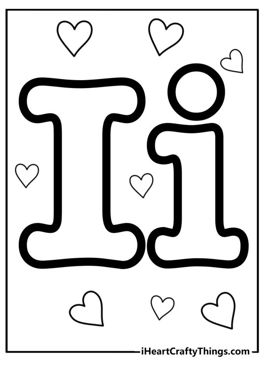Coloring book page featuring uppercase and lowercase letter I surrounded by heart shapes