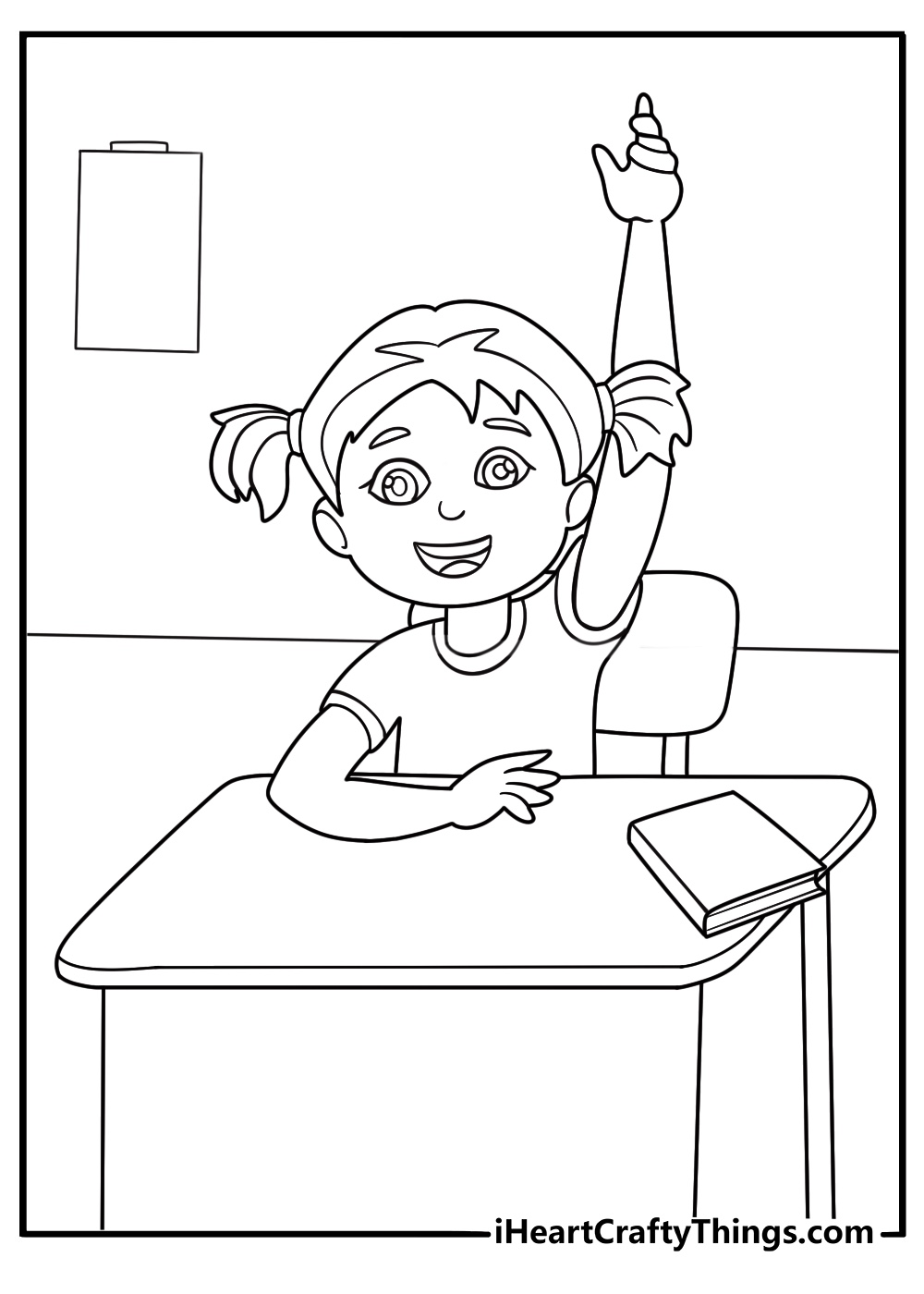 detailed back to school coloring sheet of a student raising hand to answer a question