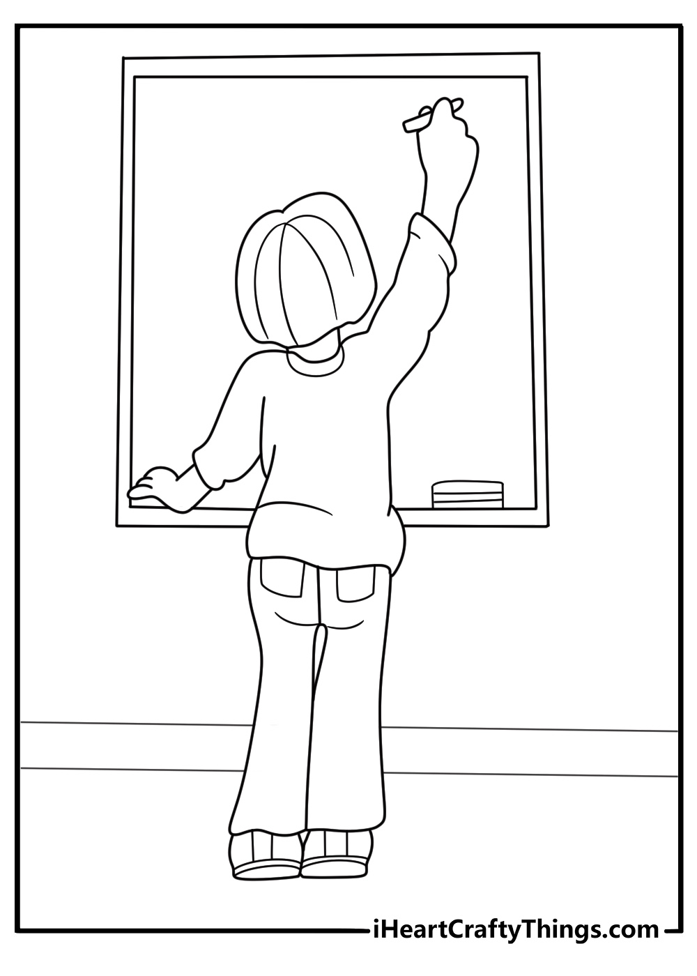 detailed back to school coloring sheet showing a teacher writing on a chalkboard