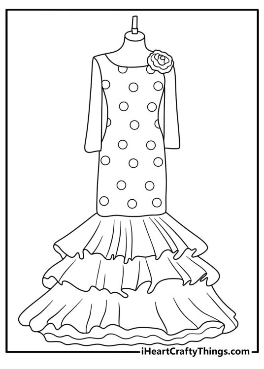 detailed coloring sheet showing a flamenco dress with long ruffles