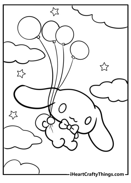 Printable coloring page for kids of a Cinnamoroll floating on balloons surrounded with puffy clouds