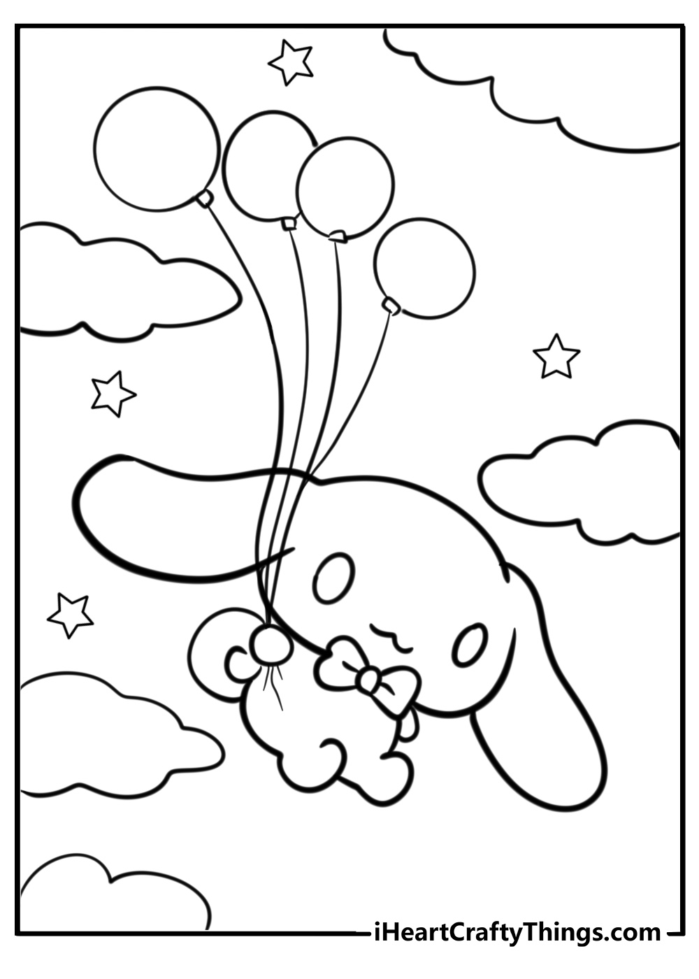 Printable coloring page for kids of a Cinnamoroll floating on balloons surrounded with puffy clouds