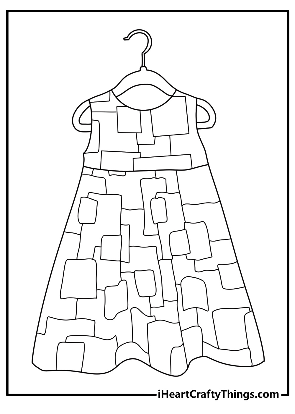 dress coloring page for kids featuring a cute patchwork dress with square patterns