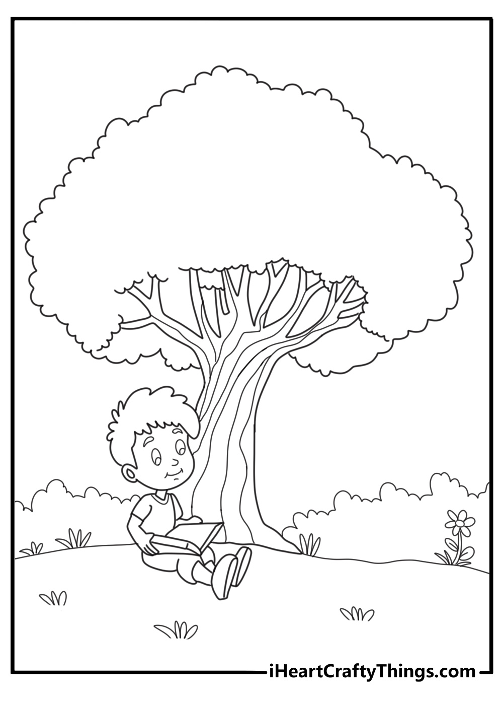 easy back to school coloring page for kids featuring children reading books under a large tree