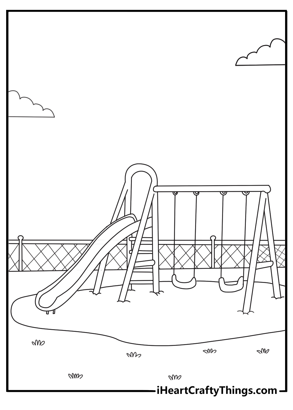 easy back to school coloring page showing playground with slide and swings