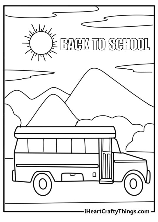 Picture featuring a school bus driving past some mountains and a BACK TO SCHOOL phrase surrounded by clouds