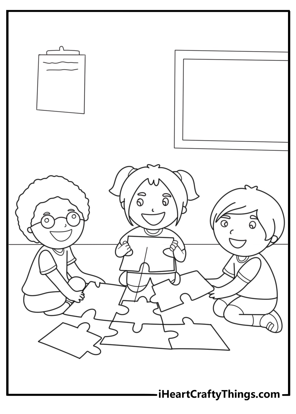 easy back to school coloring sheet showing children solving puzzles